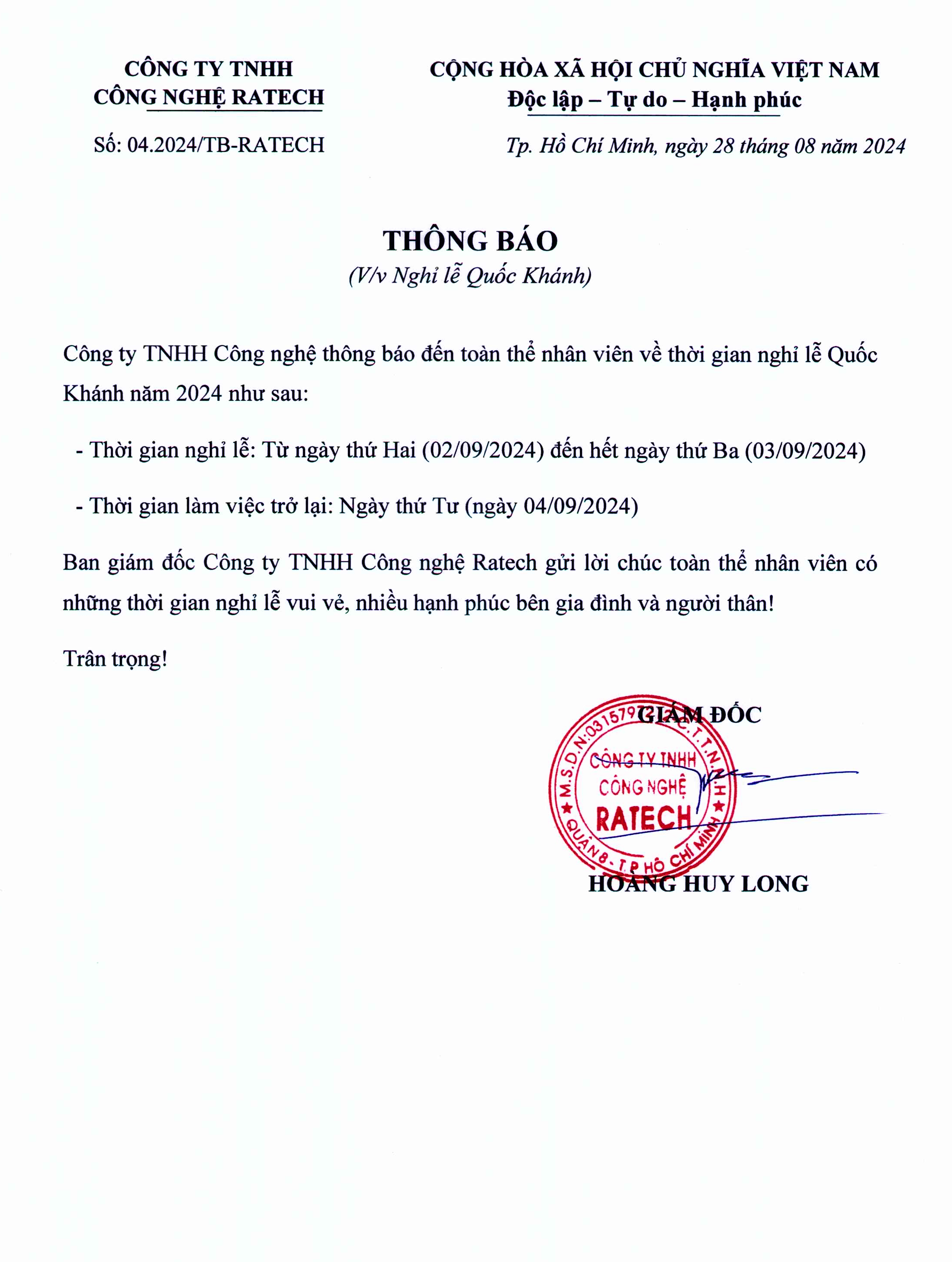 Thông báo nghỉ lễ Quốc Khánh 02-09-2024